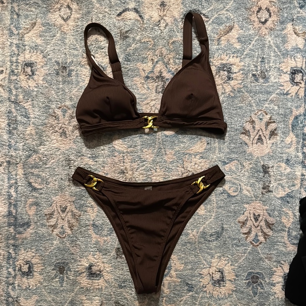 Brown Bikini Set with Gold Accents
